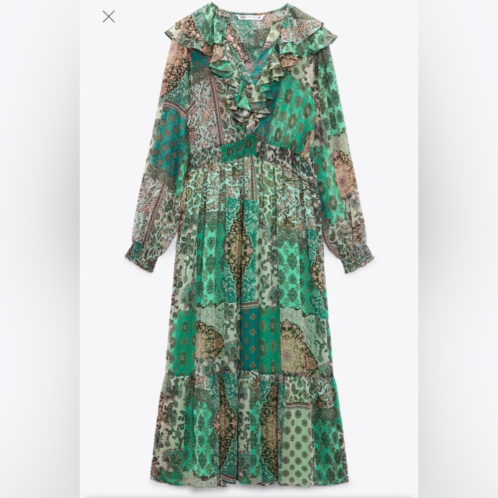 Zara Green Patterned Long Sleeve Dress